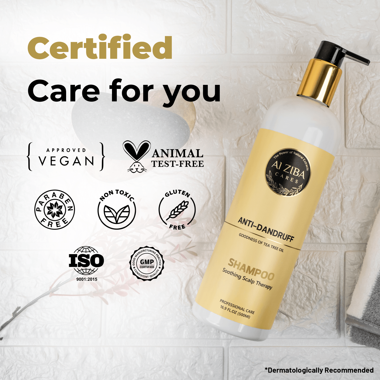 ALZIBA CARES Anti-Dandruff Shampoo | Gives Upto 100% Dandruff-Free Hair with Natural Tea Tree Oil and Vitamin B5 | Soothing Scalp Therapy for Flake-Free and Stronger Hair | Non-Toxic, Vegan, Gluten, Paraben Free | For Women and Men | 500ml - ALZIBA CARES