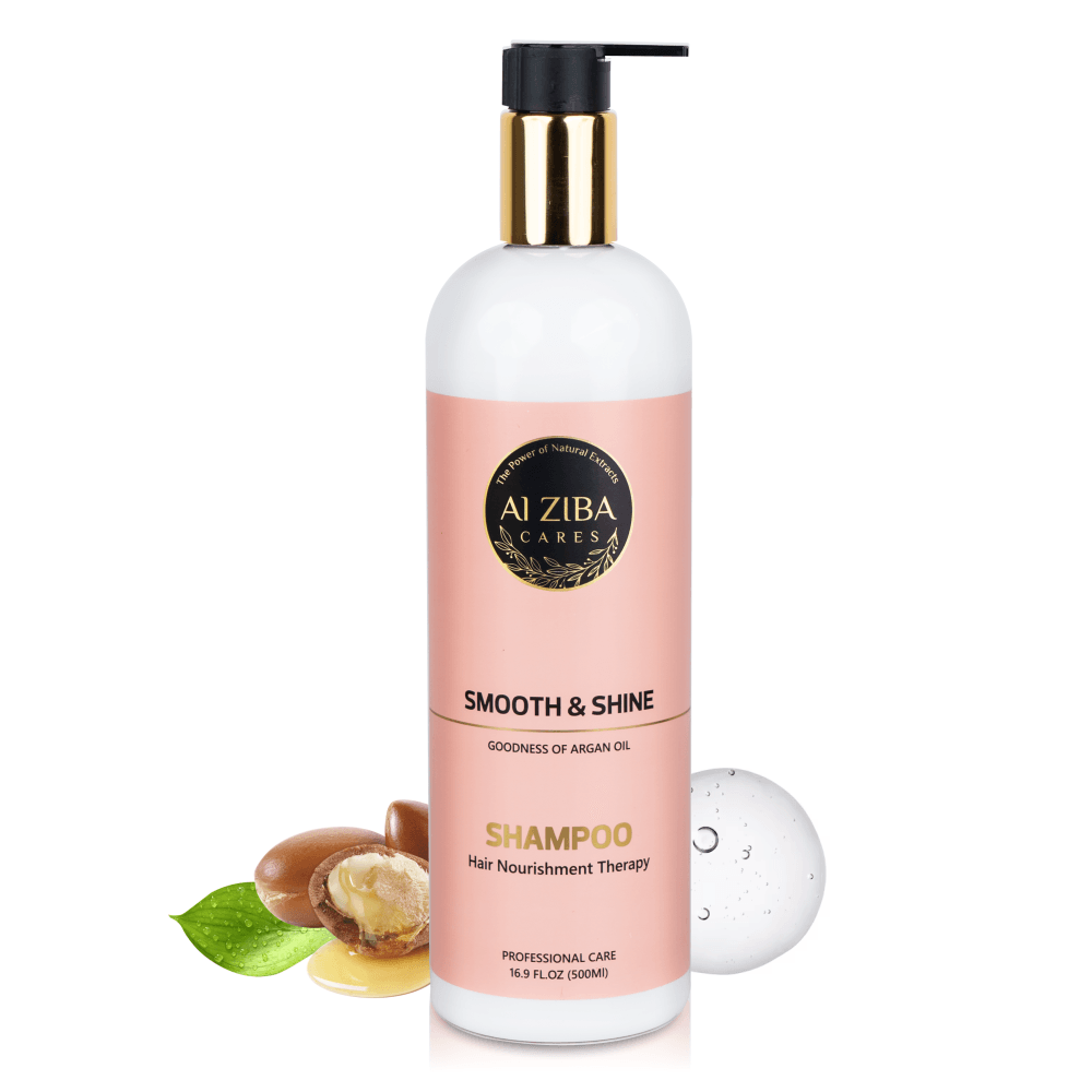 ALZIBA CARES Smooth & Shine Shampoo | 10x Time More Smoother Hair with Natural Argan Oil, Glycerine and Vitamin B5 | Non-Toxic, Vegan, Gluten, Sulphate and Paraben Free | For Women & Men | 500ml - ALZIBA CARES