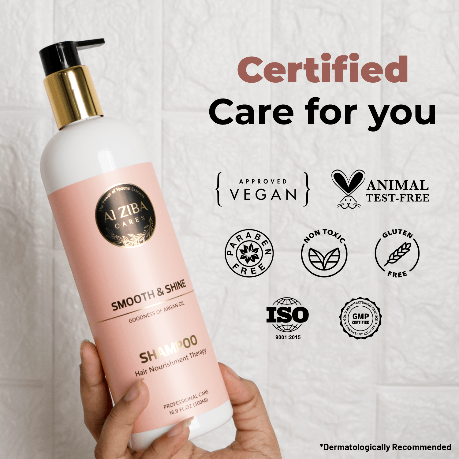 ALZIBA CARES Smooth & Shine Shampoo | 10x Time More Smoother Hair with Natural Argan Oil, Glycerine and Vitamin B5 | Non-Toxic, Vegan, Gluten, Sulphate and Paraben Free | For Women & Men | 500ml - ALZIBA CARES