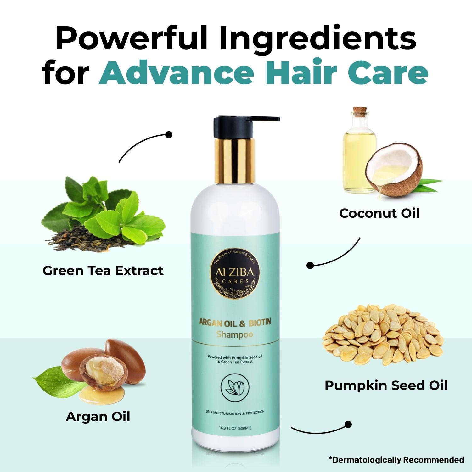 Argan Oil and Biotin Shampoo with Pumpkin Seed oil and Green Tea Extract - Deep Moisturisation and Protection - 500ML - ALZIBA CARES