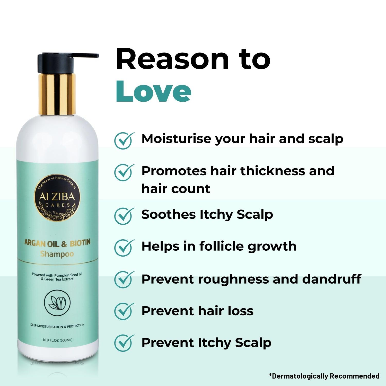 Argan Oil and Biotin Shampoo with Pumpkin Seed oil and Green Tea Extract - Deep Moisturisation and Protection - 500ML - ALZIBA CARES
