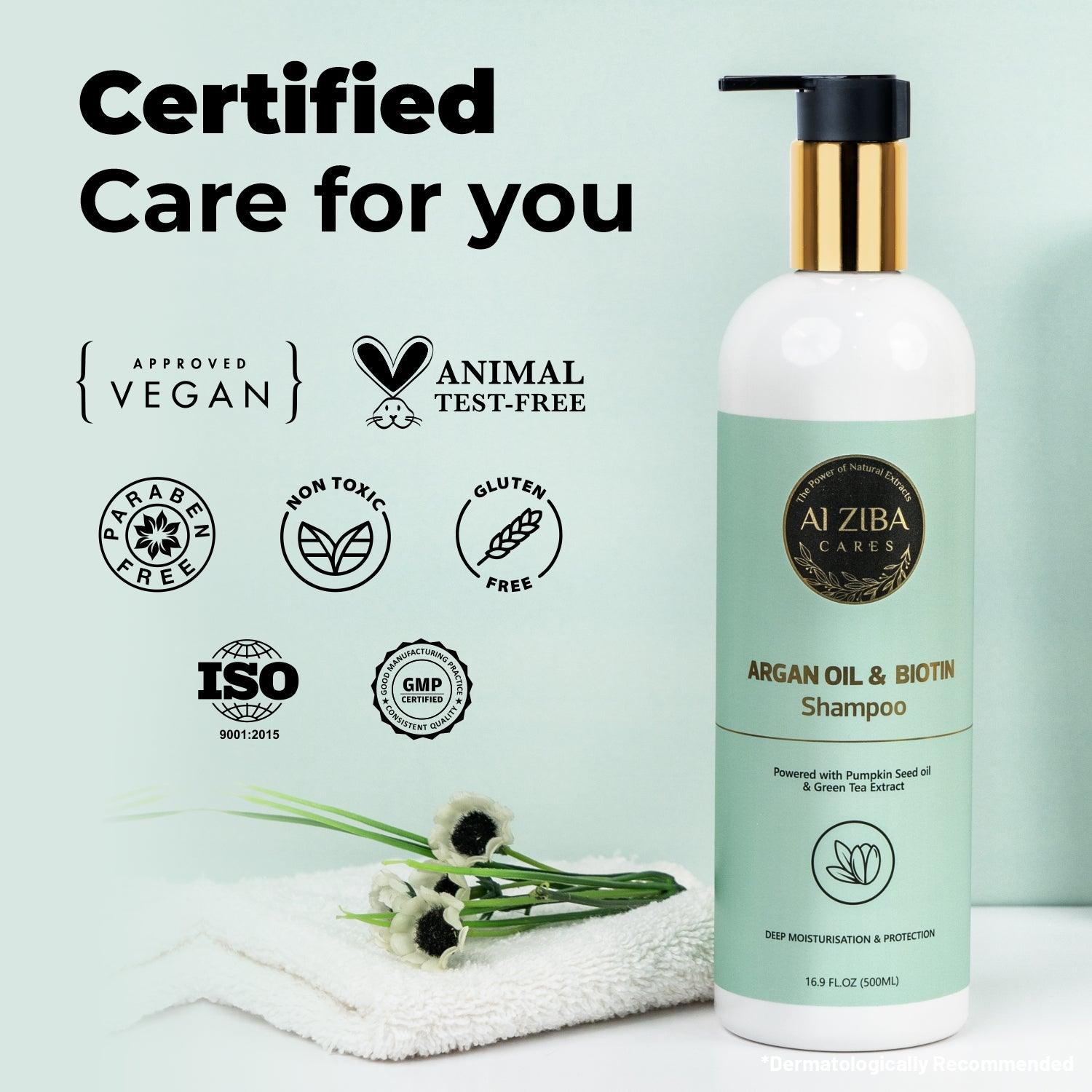 Argan Oil and Biotin Shampoo with Pumpkin Seed oil and Green Tea Extract - Deep Moisturisation and Protection - 500ML - ALZIBA CARES