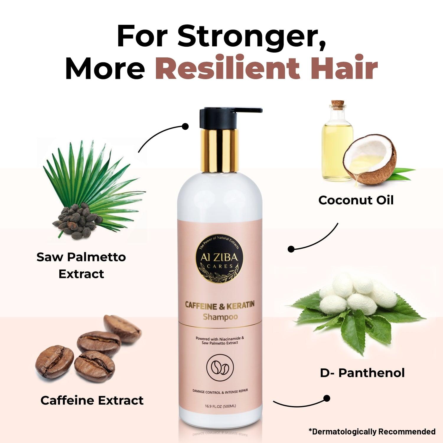 Caffeine and Keratin Shampoo with Niacinamide and Saw Palmetto Extract - Damage Control and Intense Repair - 500 ML - ALZIBA CARES