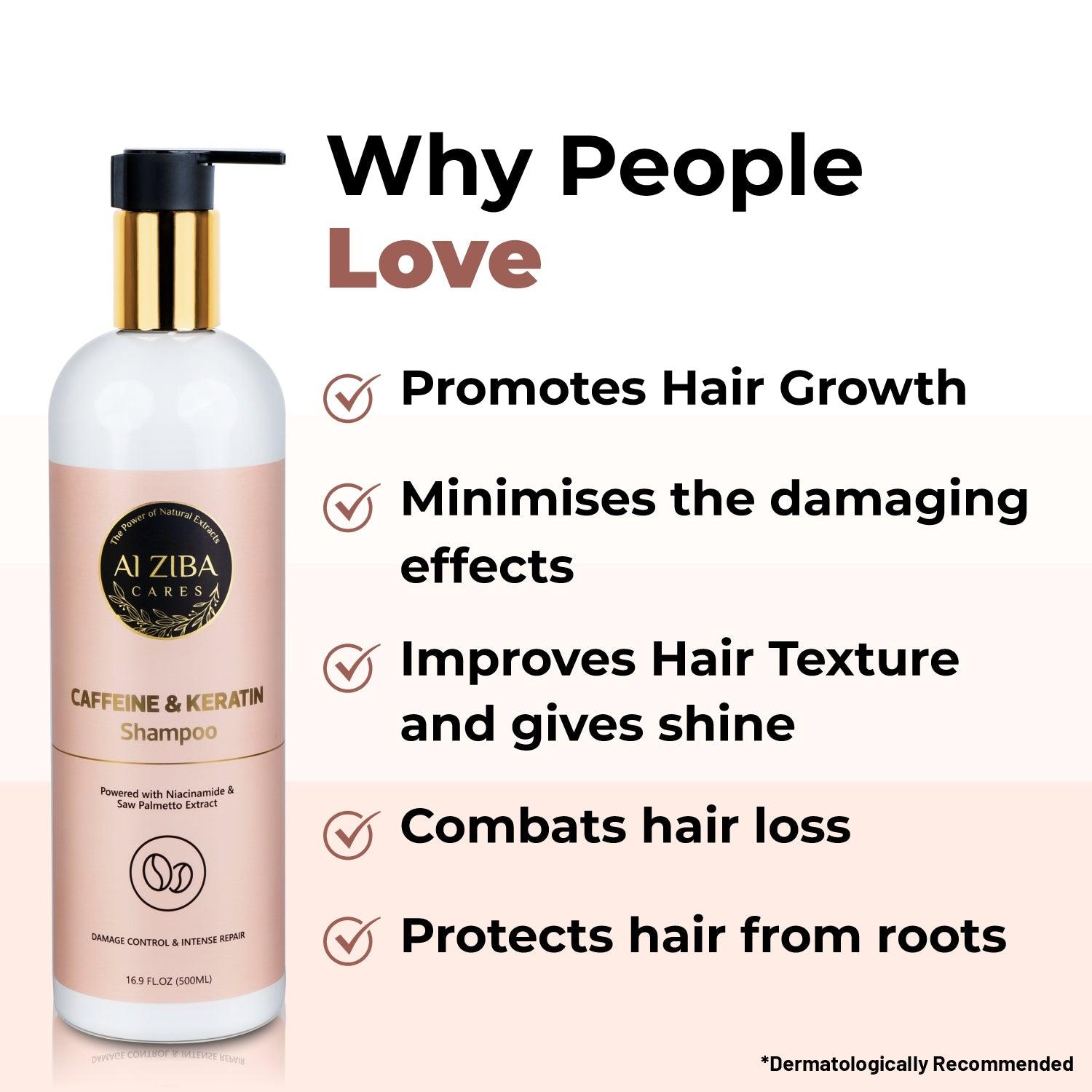 Caffeine and Keratin Shampoo with Niacinamide and Saw Palmetto Extract - Damage Control and Intense Repair - 500 ML - ALZIBA CARES