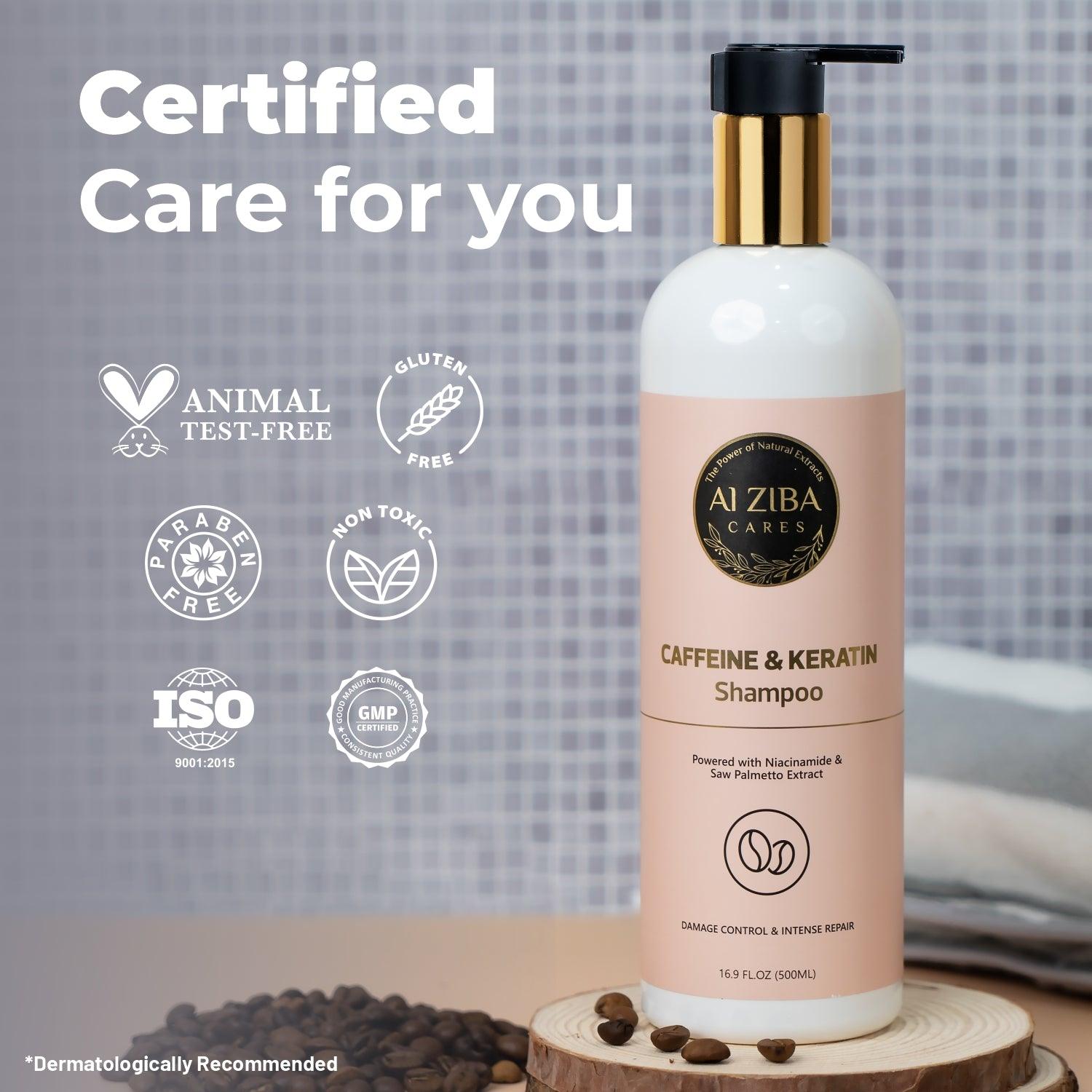 Caffeine and Keratin Shampoo with Niacinamide and Saw Palmetto Extract - Damage Control and Intense Repair - 500 ML - ALZIBA CARES