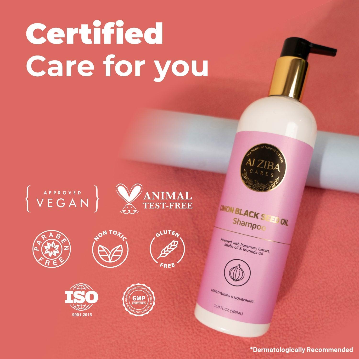 Onion and Black Seed Oil Shampoo with Rosemary Extract, Jojoba oil and Moringa Oil- Lengthening and Nourishing- 500 ML - ALZIBA CARES